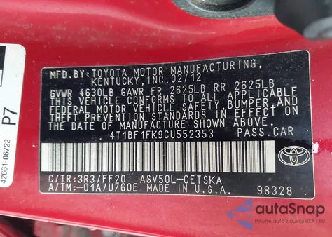 2012 Toyota Camry Se from USA, damaged, VIN 4T1BF1FK9CU552353